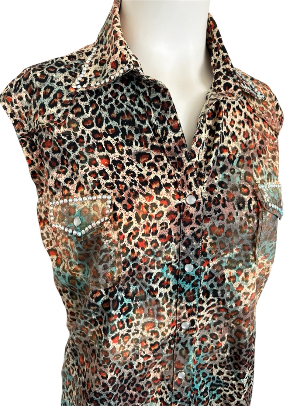 A Rare Bird Rhinstone Leopard Print Multicolor Sleeveless Western Shirt Dress L